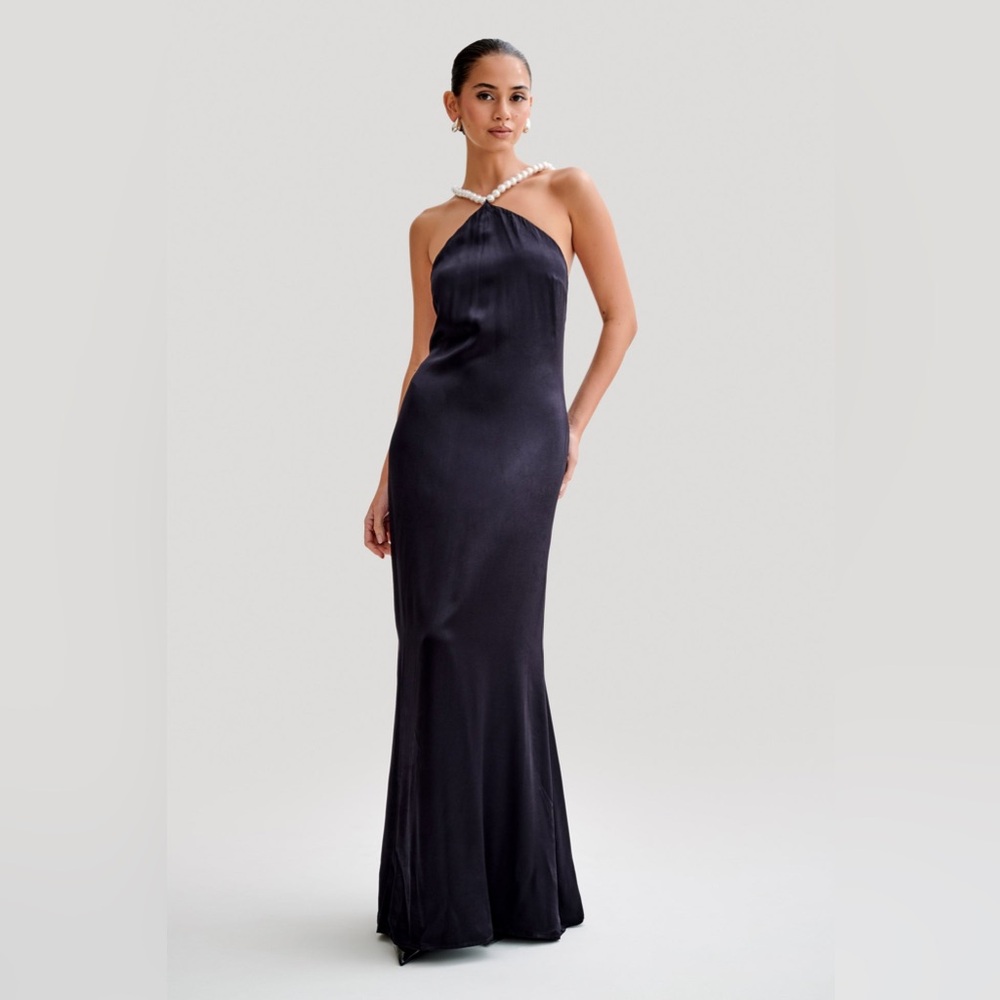 Meshki Blanche Satin Pearl Halter Maxi Dress - Black